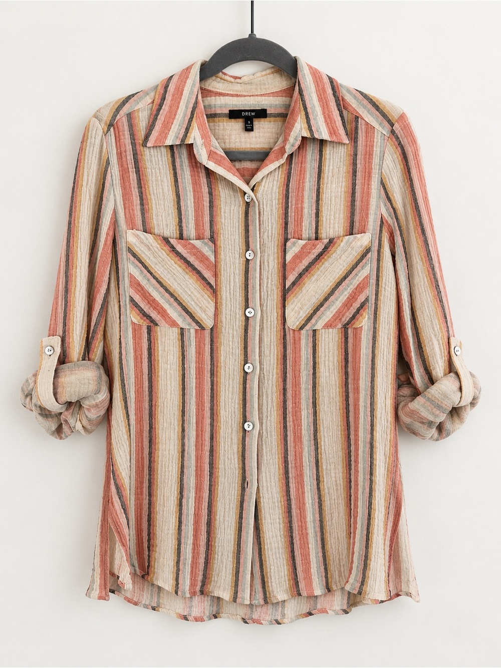 DREW XS Striped Cotton Gauze Button Up Shirt Made in USA Boho Coastal